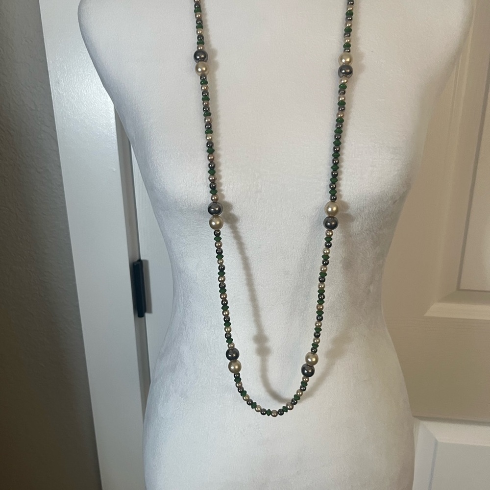 Long Beaded Necklace Green Pearl Look Heavy Quality Statement - Picture 2 of 4
